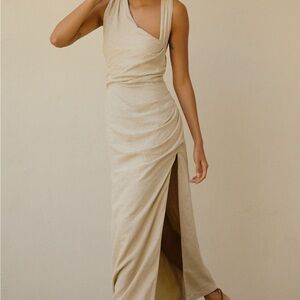 Anthropologie Cream Ruched One Shoulder Gown